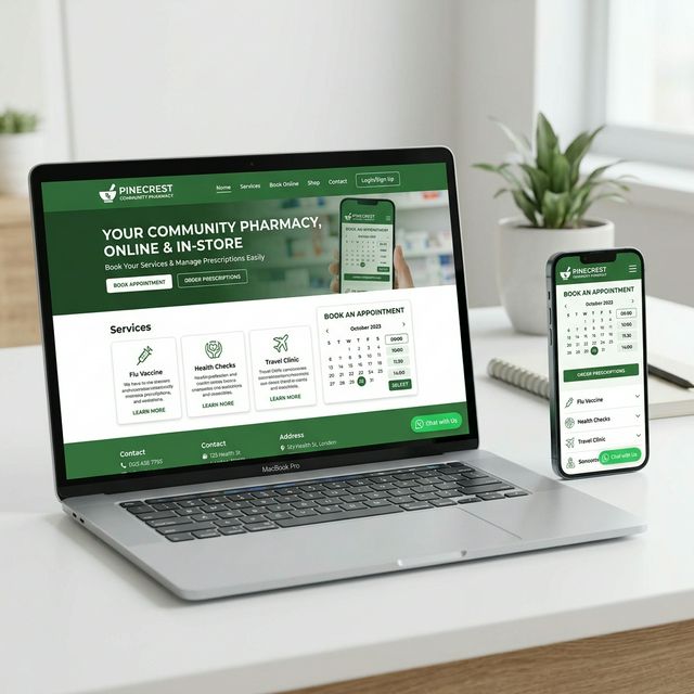 Community pharmacy website with online booking built by Berg Solution